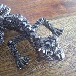 Lizard Brooch Pin Rhinestone Sparkle Dark Metal Gecko Southwest Marcasite 3 Inch